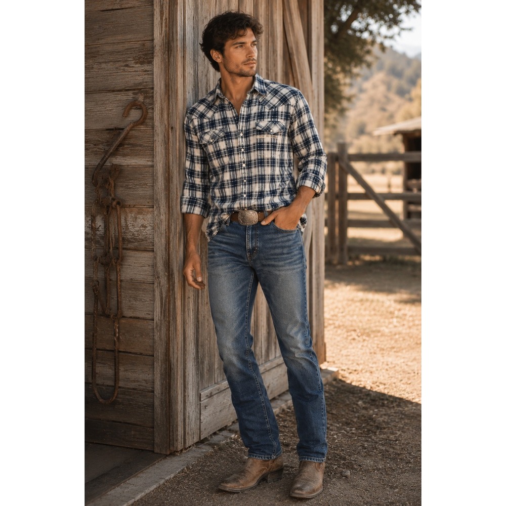 Lucky Brand Mens Small Shirt Snap Button Front Long Sleeve Plaid Western Blue